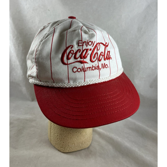 Enjoy Coca Cola Pinstripe Snapback Hat Columbia Mo White Red Vintage USA Made - Picture 1 of 8